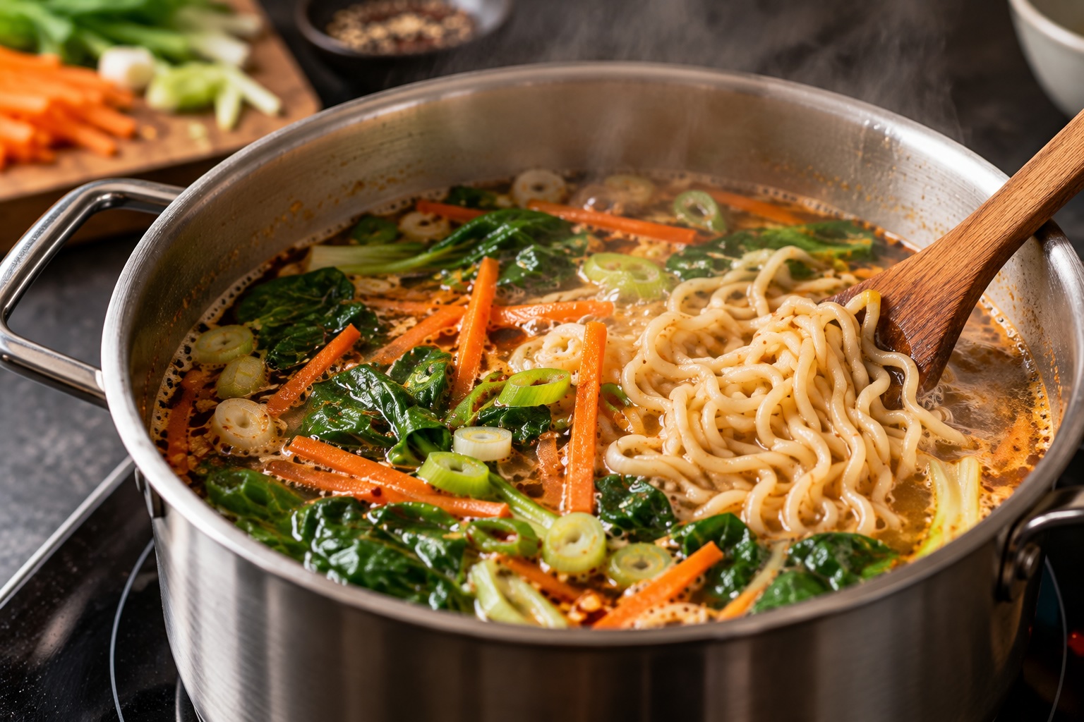 Ramen-Nudeln und Gemüse in würziger Miso-Brühe während der Zubereitung